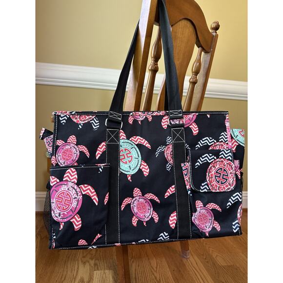 Turtle Tote Bag by N. Gil Large Black Water Resistant Top Zip, pockets Intial J - Picture 4 of 15